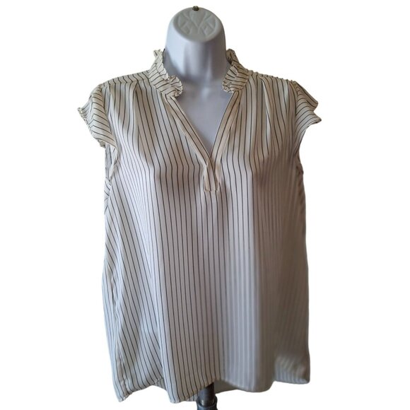 Who What Wear Women Blouse M Black White Stripe Sleeveless Ruffle VNeck Corpcore - Picture 1 of 6